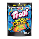 Trolli Sour Brite Crawlers bag front with bold flavors and bright colors for gatherings.