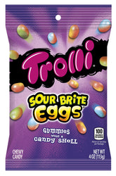 Trolli Sour Brite Eggs bag showing vibrant gummies ready for snacking.