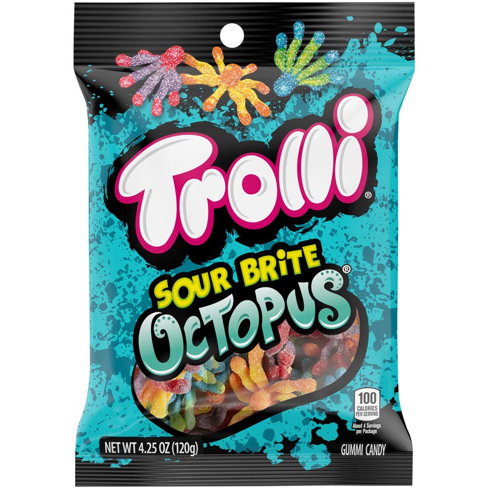 TROLLI Sour Brite Octopus gummies in a bag for quick snacking.