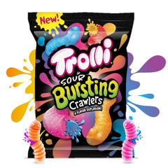 Trolli Sour Bursting Crawlers bag front with colorful worms, ideal for party sharing.