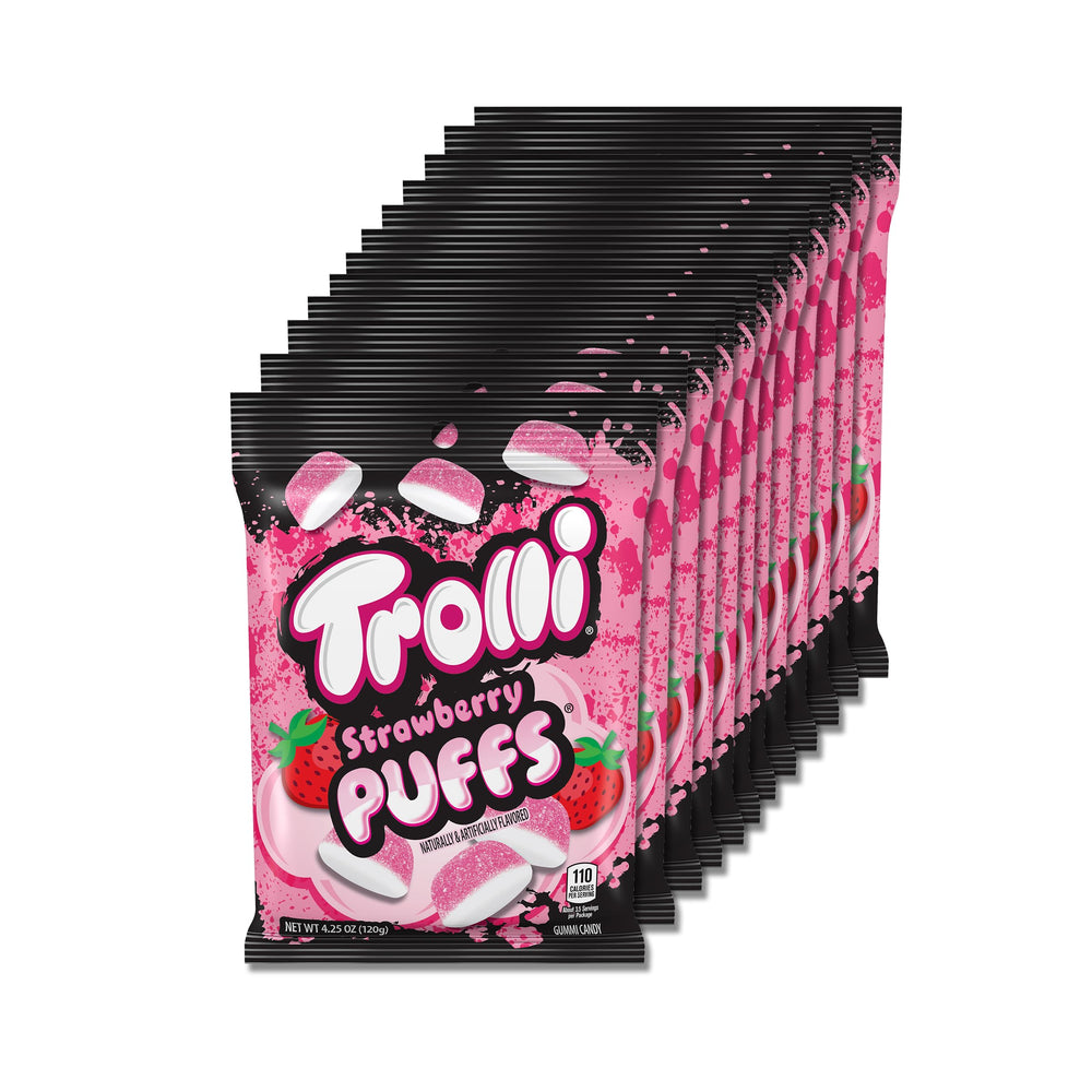 Trolli Strawberry Puffs pack front, ideal for on-the-go snacking.