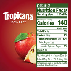 Tropicana Apple Juice 10oz bottle label close-up emphasizing 100% juice and vitamin C