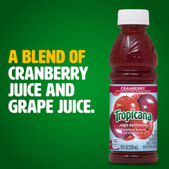 Tropicana Cranberry Cocktail Juice bottle being poured, highlighting tart and sweet flavor.