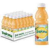 Tropicana pineapple-peach-mango juice bottle ready for on-the-go refreshment.