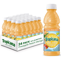 Tropicana pineapple-peach-mango juice bottle ready for on-the-go refreshment.