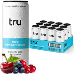 Tru Dream Seltzer bottle shows cherry berry flavor for an evening moment