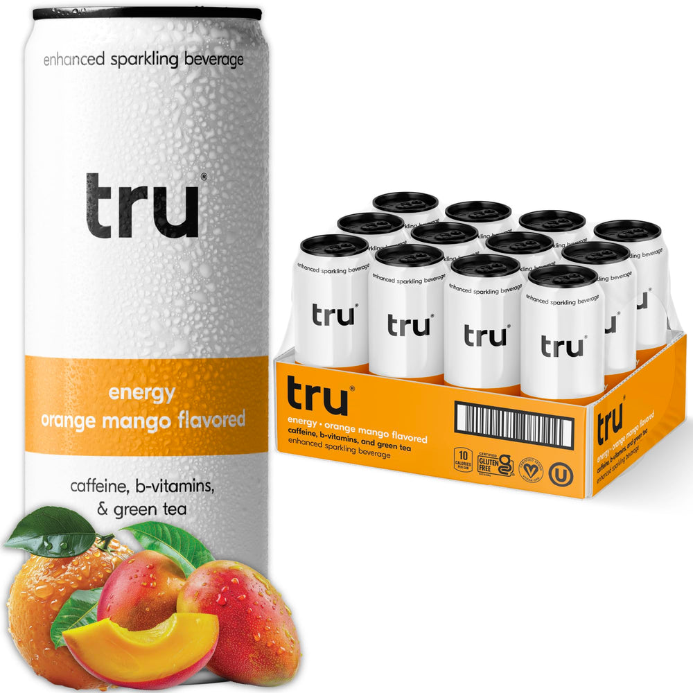 Tru Energy Seltzer orange mango can, refreshing citrus flavor with natural caffeine.