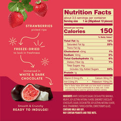 Tru Fru freeze-dried strawberries in dark chocolate close-up shows glossy coating and fruity centers.