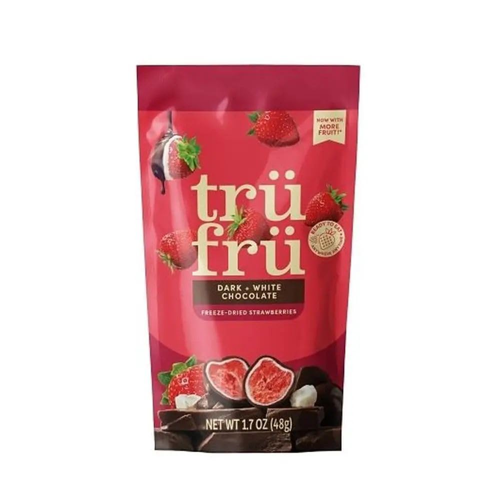 Tru Fru freeze-dried strawberries in dark chocolate packaging for convenient, guilt-free snacking.