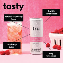 Close-up of Tru Glow Seltzer label featuring biotin and sugar-free claim.