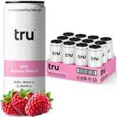 Tru Glow Seltzer raspberry juice can with bubbles for refreshing hydration.