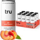 Tru Gut Seltzer peach bottle highlighting real flavor for a refreshing, low-calorie sip
