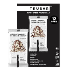 TRUBAR Sweet and Dreamy Cookies and Creamy bar ready for a satisfying plant-based treat.