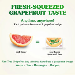 Packaging display of True Grapefruit highlighting shelf-stable convenience
