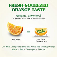 True Citrus True Orange packets in a glass of water for refreshing taste.