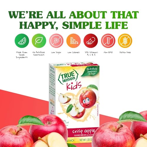 True Lemon Kids Crisp Apple packet closeup shows simple ingredients.