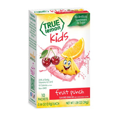 Close-up of True Lemon Kids Fruit Punch ingredients with non-GMO and natural colors.