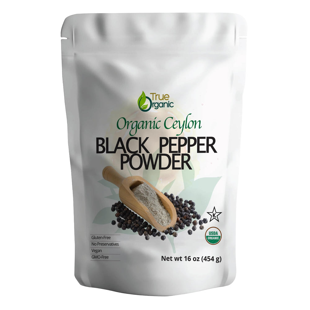 True Organic Black Pepper Ground 1lb bag enhances cooking with fresh aroma and flavor.