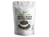True Organic black peppercorns whole in a bulk bottle for grinder refills