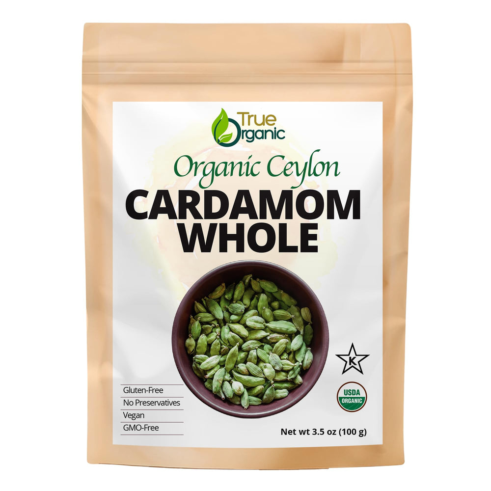 True Organic Cardamom Whole bag highlights premium Sri Lankan spice for cooking.