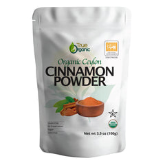 True Organic Ceylon Cinnamon Powder packaging shows premium spice and freshness.