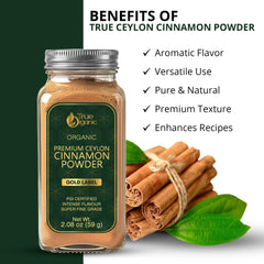 True Organic Ceylon cinnamon powder with a measuring spoon for precise recipe portions.