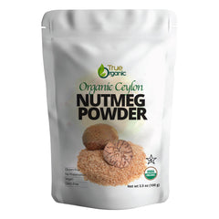 True Organic Ceylon Nutmeg Powder in a kraft bag closeup, premium spice for baking.