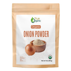 True Organic Onion Powder bottle delivers rich aroma for boosting soups.