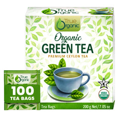 True Organic Premium Ceylon Green Tea bags in a box, ideal for daily home brewing.