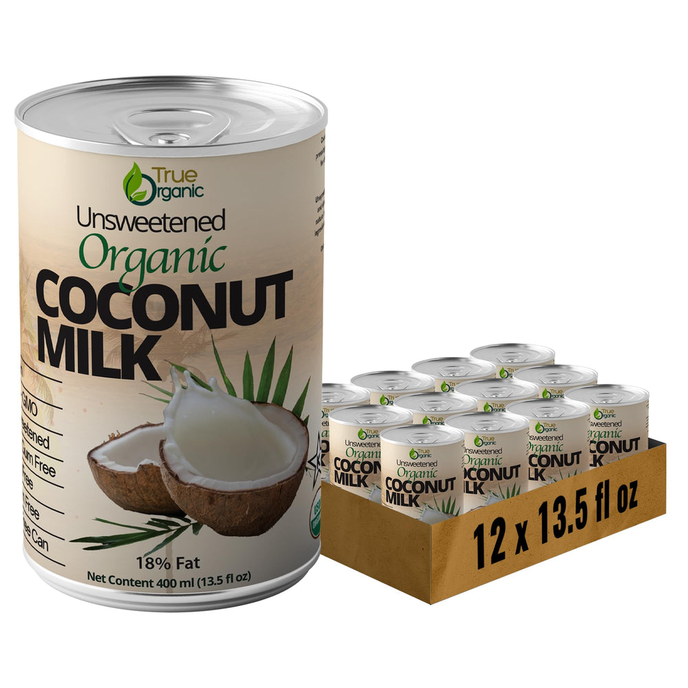 True Organic Unsweetened Coconut Milk bottle pour highlights creamy texture for curries.