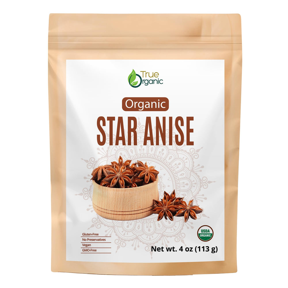 True Organic Vietnam Star Anise in a 4oz resealable bag with rich aroma
