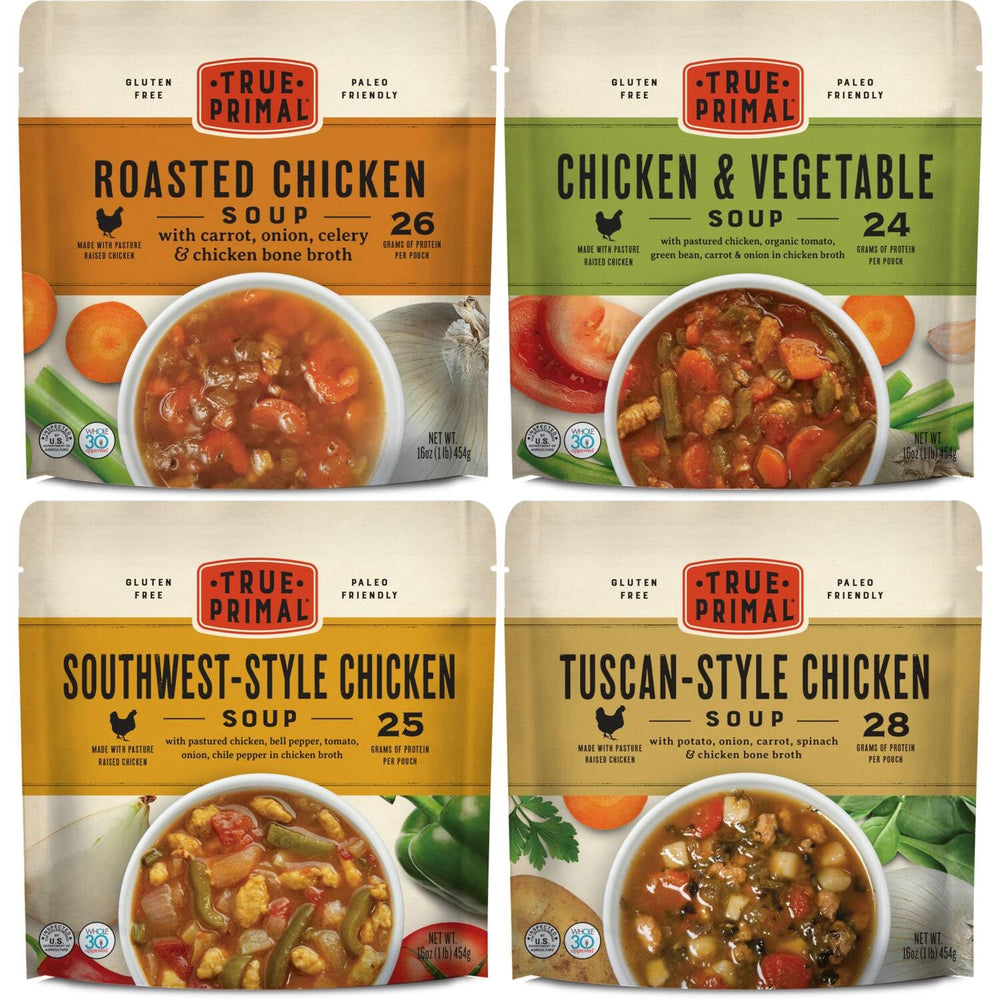 True Primal Souper Chicken Variety 8-pack packshot showing ready-to-heat, convenient meals.