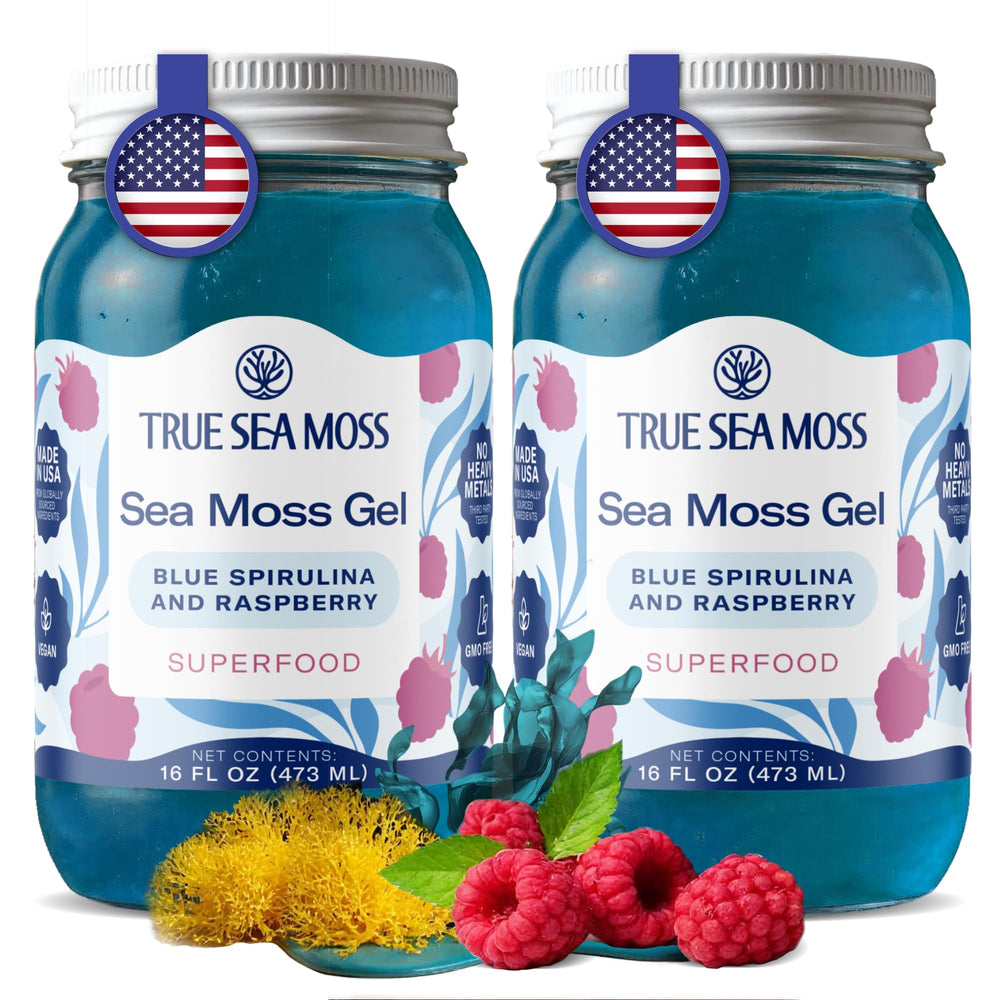 TrueSeaMoss gel with blue spirulina in a jar, natural color and nutrient-rich texture.