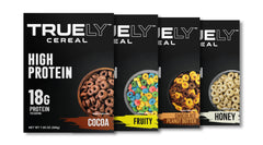 Truely Cereal cocoa variety in a bowl showing a high-protein breakfast option.