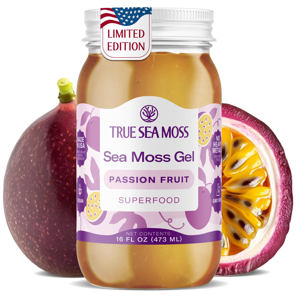 TrueSeaMoss passion fruit gel bottle ready to mix into smoothies for daily ease.