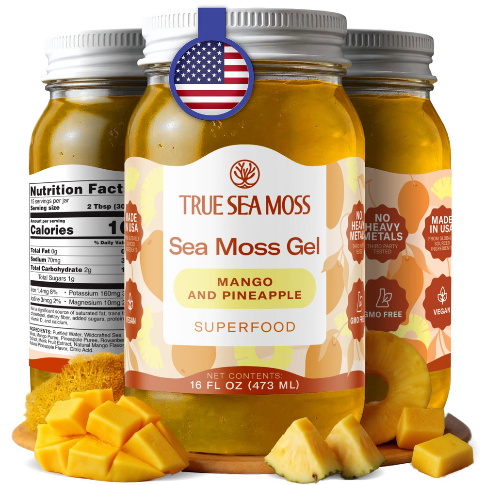 TrueSeaMoss sea moss gel mango pineapple front container shows tropical flavor for daily use