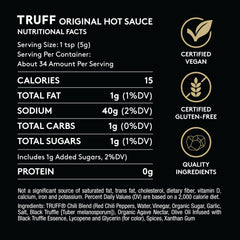TRUFF hot sauce bottle label closeup shows black truffle and premium ingredients.