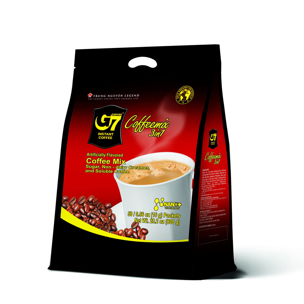 TRUNG NGUYEN LEGEND G7 packaging shows premium 3-in-1 instant coffee for quick mornings