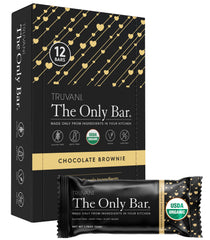 Truvani chocolate brownie bar packaging, showcasing organic vegan snack option for on-the-go.