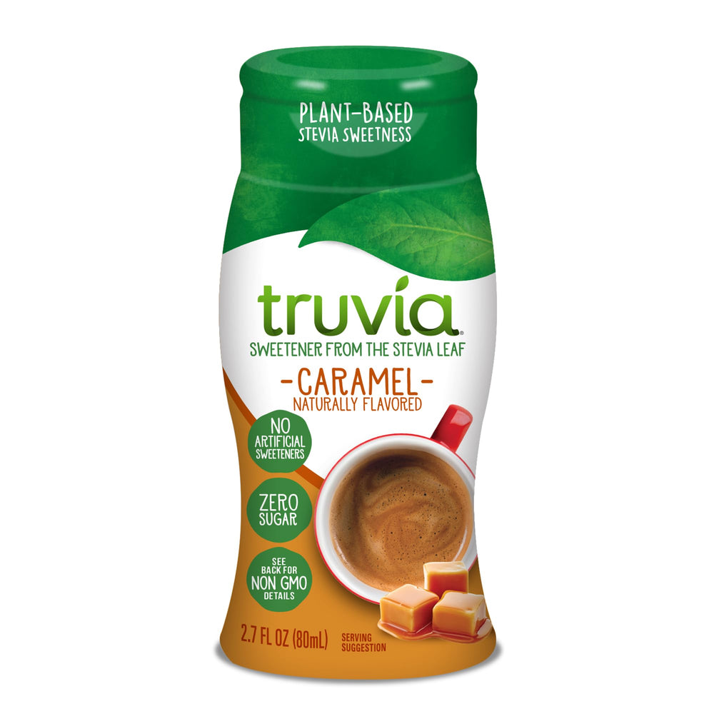 Truvia caramel liquid sweetener bottle, front view, ideal for reducing sugar in drinks.