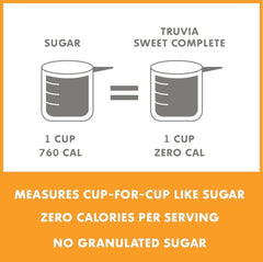 Truvia measures cup-for-cup image shows easy baking and coffee sweetness
