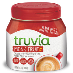 Truvia Monk Fruit Spoonable Jar label close-up showing zero-calorie sweetness option