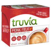 Truvia monkfruit packets box displayed for zero-calorie sweetness in daily coffee