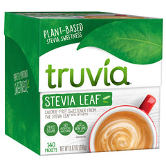Truvia packets on a sleeve, calorie-free sweetness for drinks.
