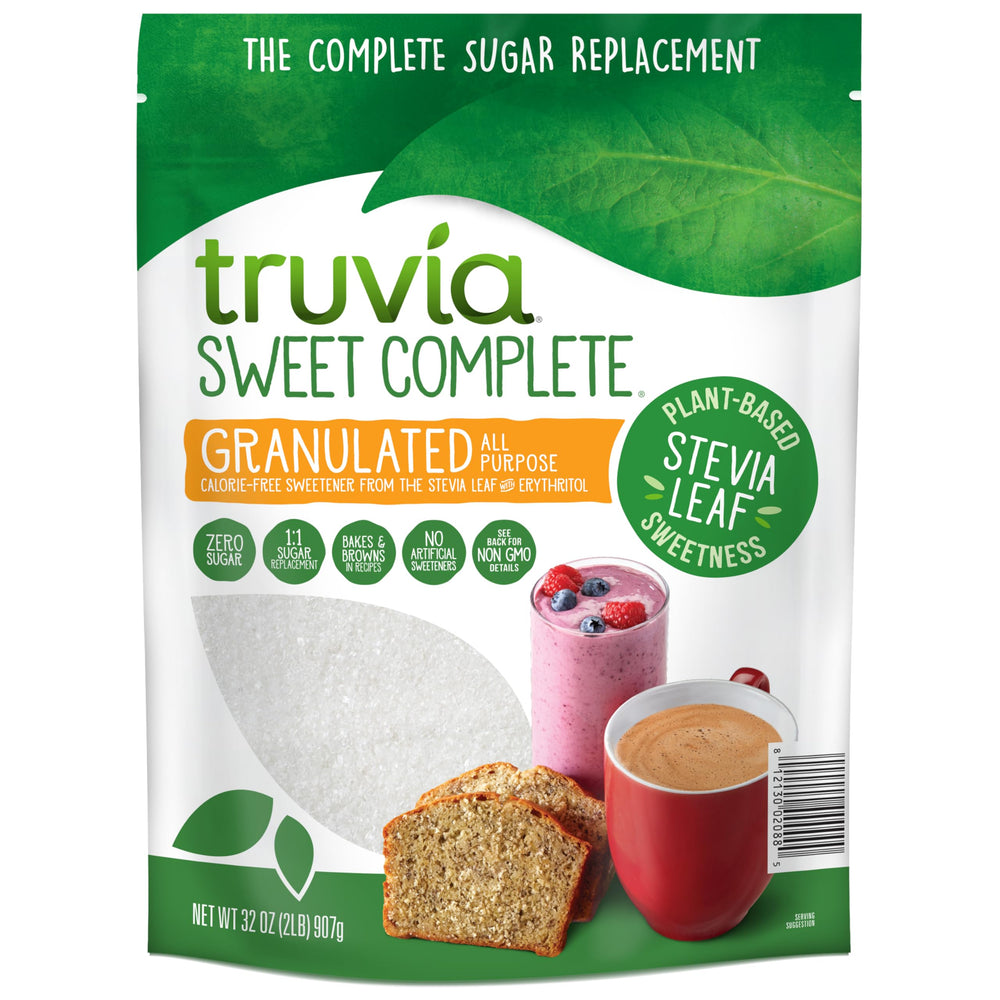 Truvia Sweet Complete bag showing zero-calorie granulated sweetener for everyday cooking.