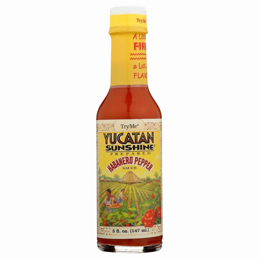 Try Me Yucatan Sunshine habanero sauce bottle delivering bold exotic heat for dishes.