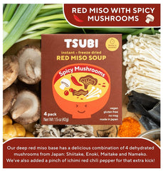 Red miso spicy mushroom soup served in a cup with mushrooms.