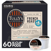 Tully's French Roast K-Cup pod close-up showing bold aroma and full-bodied flavor