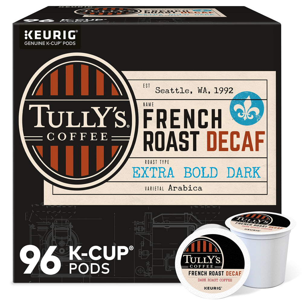 Tully's French Roast Decaf K-Cups front view show bold caffeine-free flavor