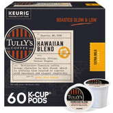 Tully's Hawaiian Blend K-Cup pods packaging highlights a convenient 60-count box for home brewing.